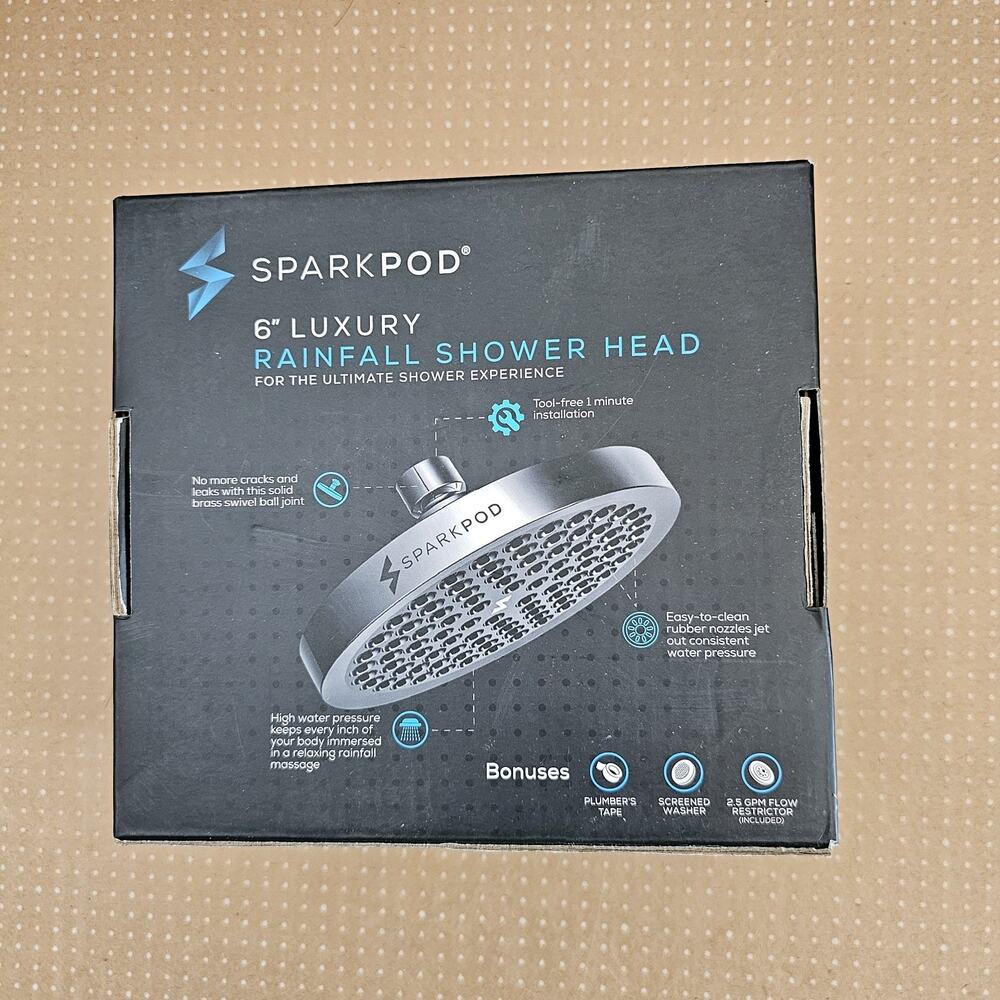 SparkPod 6" Luxury Rainfall Shower Head Black High-Pressure Black Matte